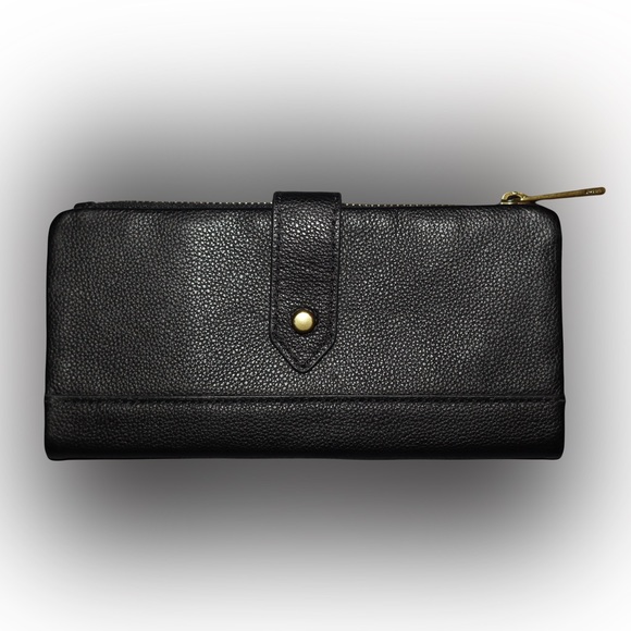 Fossil Handbags - Fossil Lainie Clutch Black Leather Wallet With Gray Interior